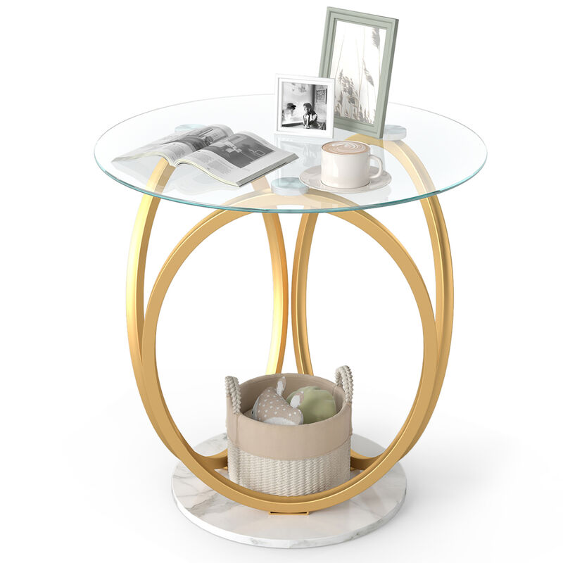 Round Accent Side Table with Faux Marble Design and Tempered Glass Top image number 3