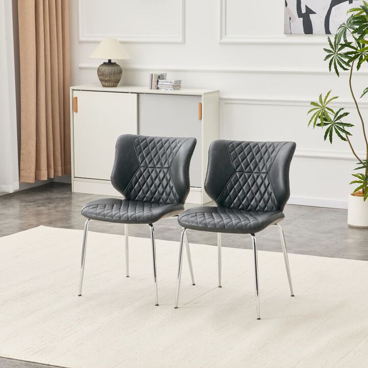 Set of 2 Leather Dining Chairs Square High Back Dining Chairs with Diamond Tufting Retro Dining Chairs with Metal Legs and Back Handle