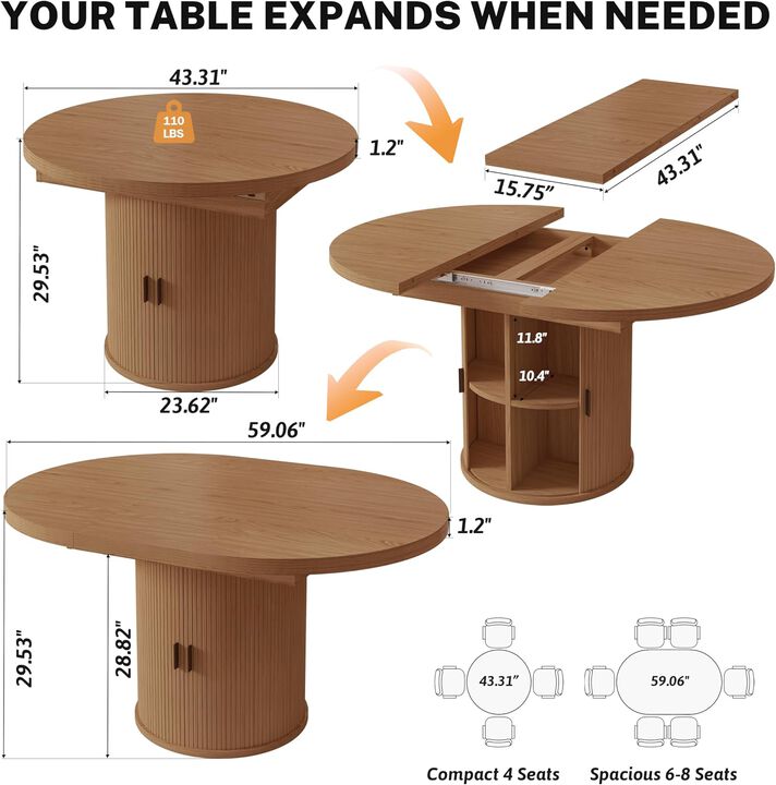 Vipbear 43" to 59" Extendable Round Dining Table, Solid Wood Top with Storage Cabinet, Kitchen