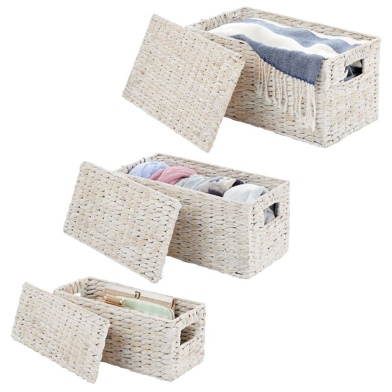 mDesign Woven Water Hyacinth Storage Basket with Lid/Handles, Set of 3 - Gray image number 7