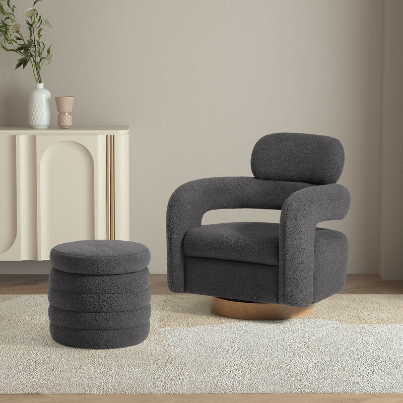 WestinTrends Mid-Century Modern Sherpa Swivel Barrel Accent Chair With Storage Ottoman