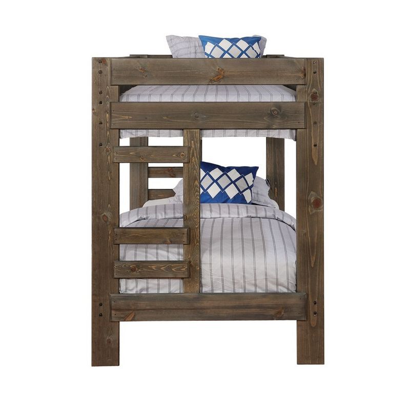 Transitional Style Wooden Twin Over Twin Bunk Bed with Guard Rails, Brown-Benzara