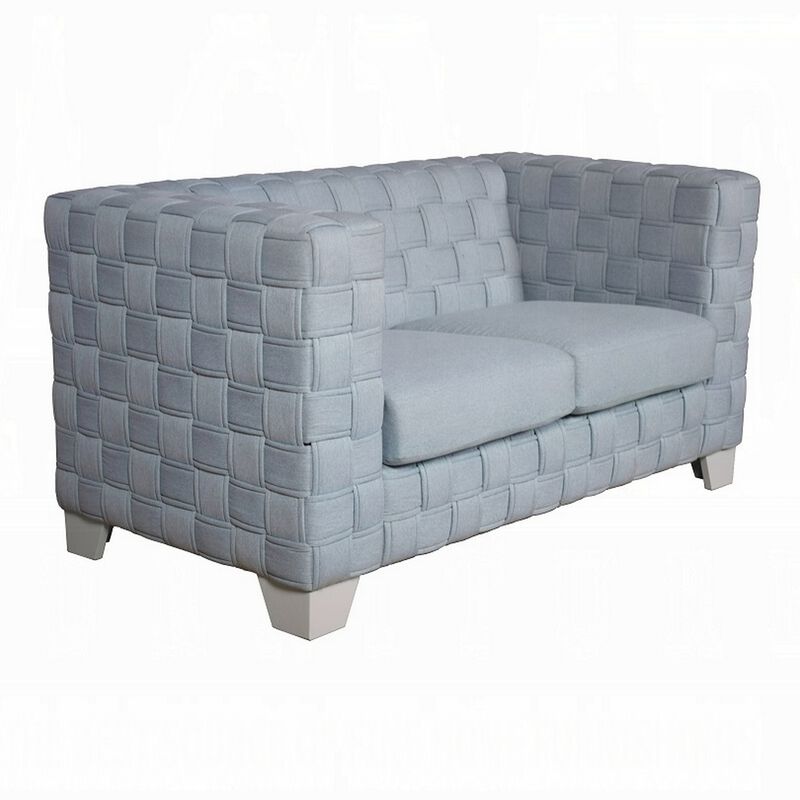 Reah Loveseat, Knitted Light Blue Chenille, White Wood Legs, 63 Inch