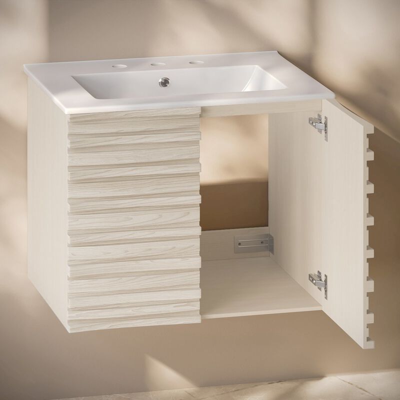 30" Wall-Mounted Bathroom Vanity in White Oak with 3-Hole Widespread Sink Top image number 3