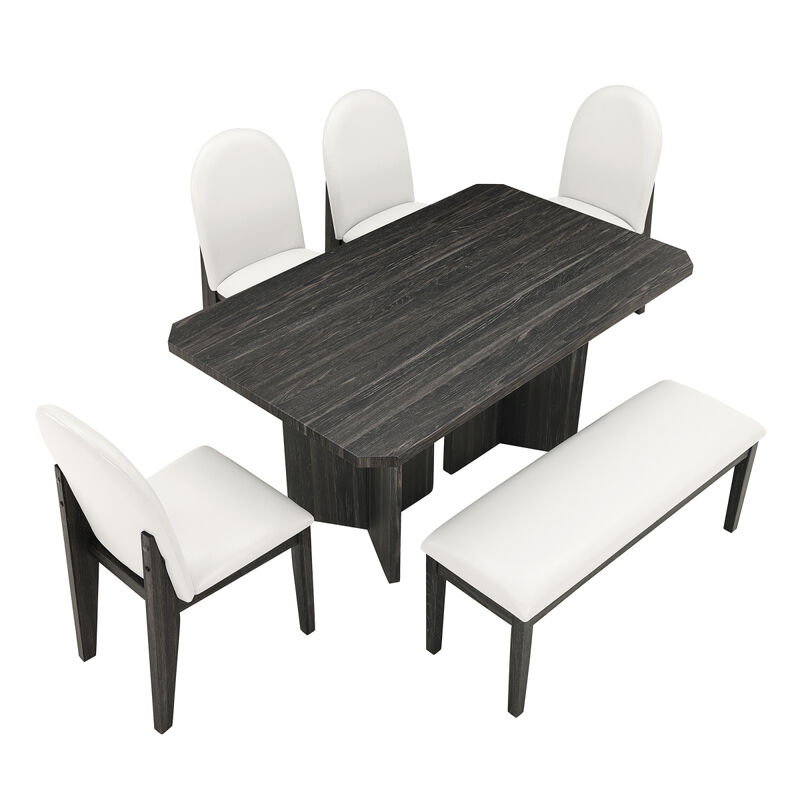 Modern 6 piece dinner set including dining table, dining chairs, 4 chairs and a bench, 60 inch dining table easy to assemble