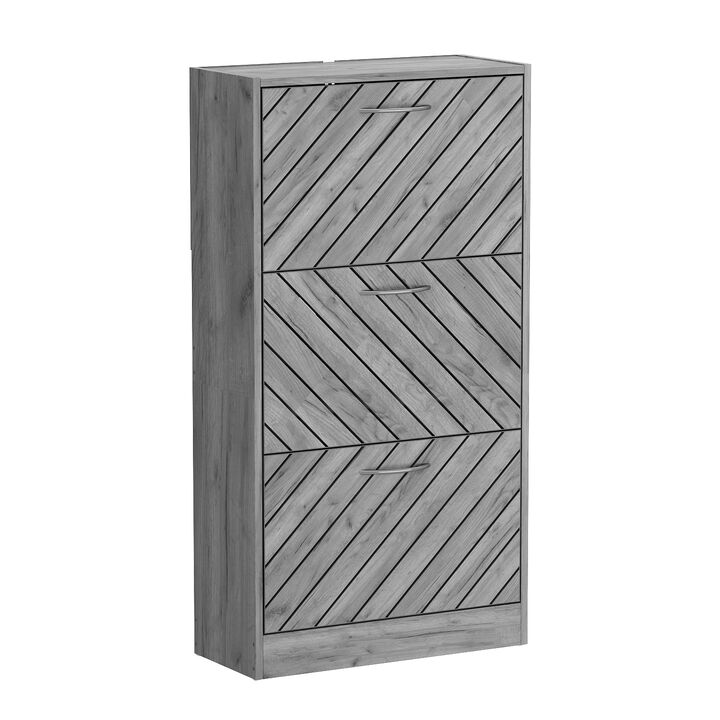 Gray 18-Pair Shoe Storage Cabinet with 3-Drawers and 6-Compartments and Wood Grain