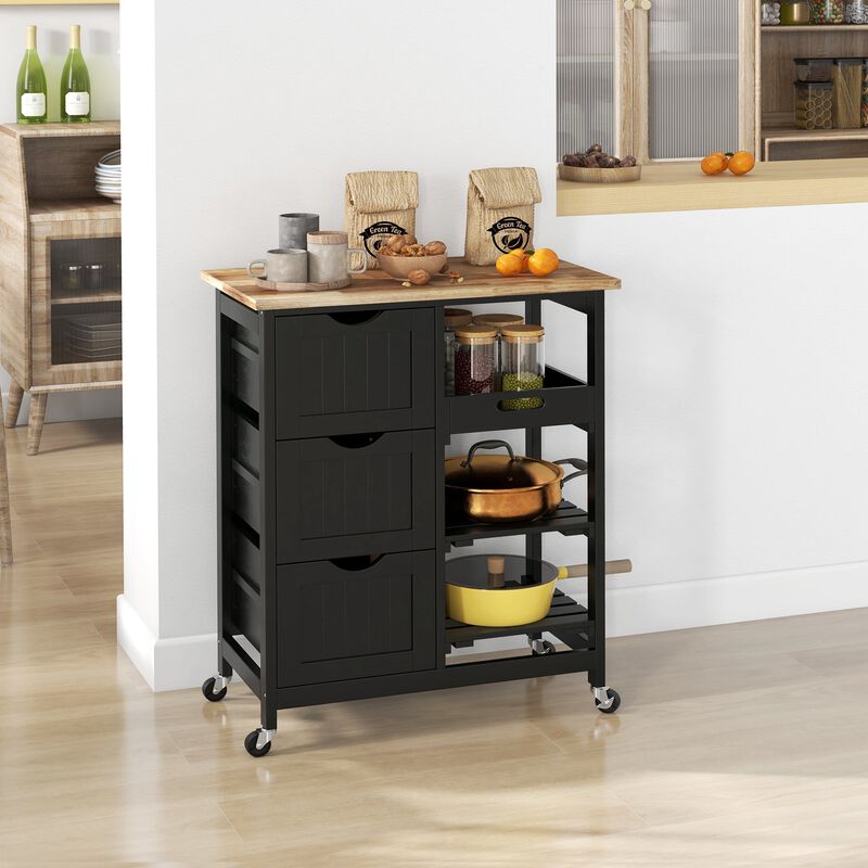 Black Kitchen Island: Wood Top, Shelves, Drawers, Wheeled