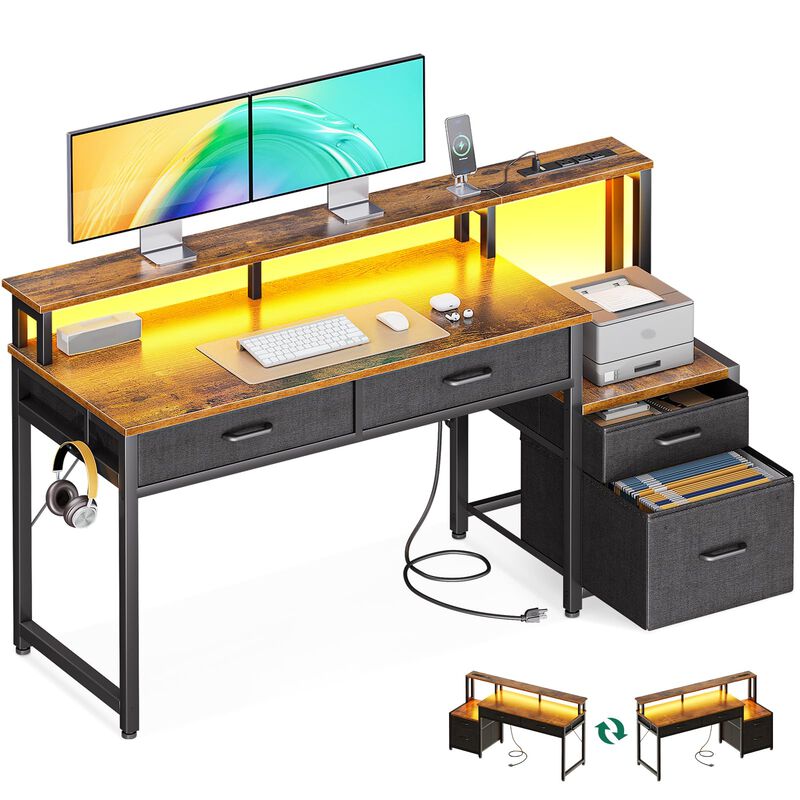 AODK 55-Inch Computer Desk with Fabric File Cabinet and Fabric Drawers, Reversible Office Desk with LED Strip and Power Strip, G