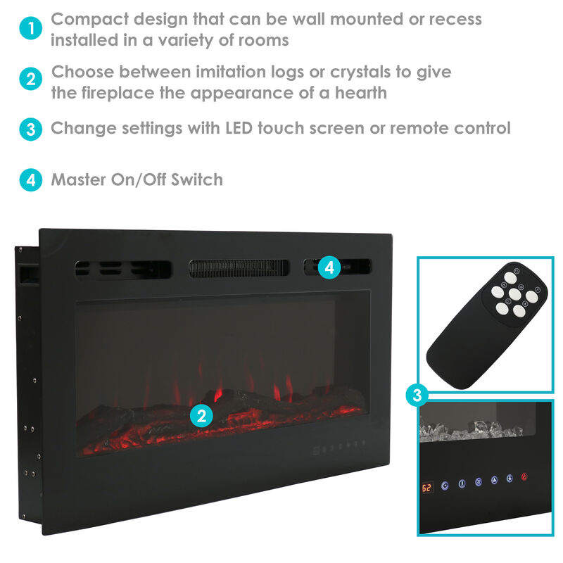 Sunnydaze 36 in Modern Flame Mounted Indoor Electric Fireplace - Black