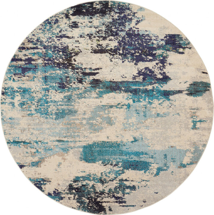 8 X 8 Ivory And Teal Blue Round Abstract Power Loom Non Skid Area Rug