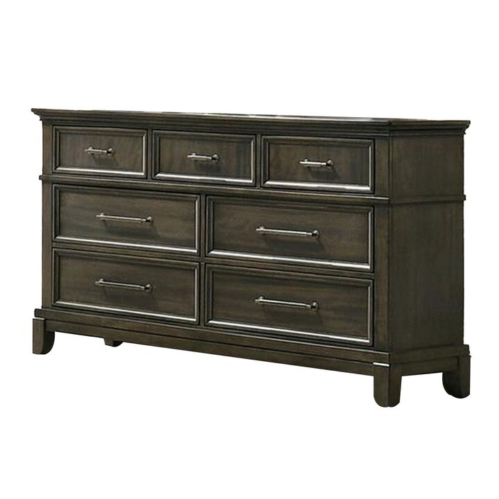 Benjara Ston 63 Inch Wide Dresser Chest, 7 Drawers, Handles, Wood, Gray and Pewter