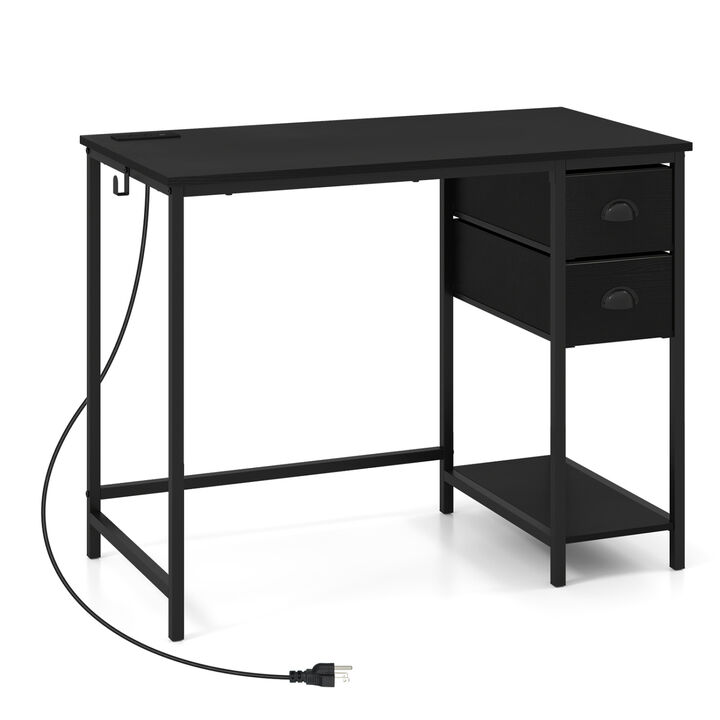 Small Space Computer Desk with Charging Station and 2 Fabric Drawers