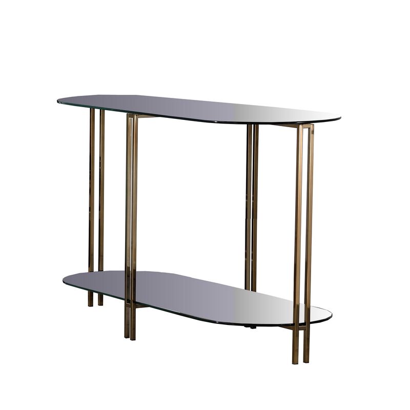 Sofa Table with Glass Top and Open Bottom Glass Shelf, Gold-Benzara