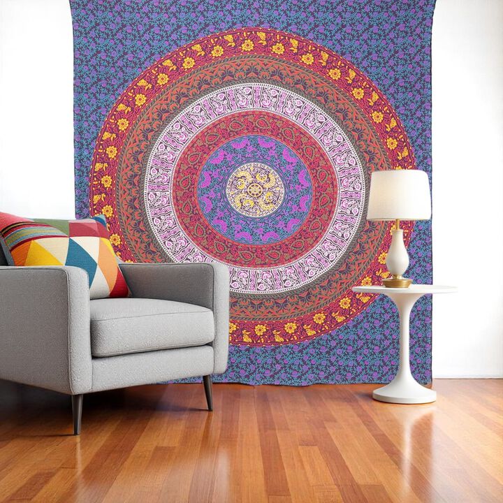 HomeRoots 92" X 84" Blue Red And Yellow Mandala Cotton Hanging Tapestry