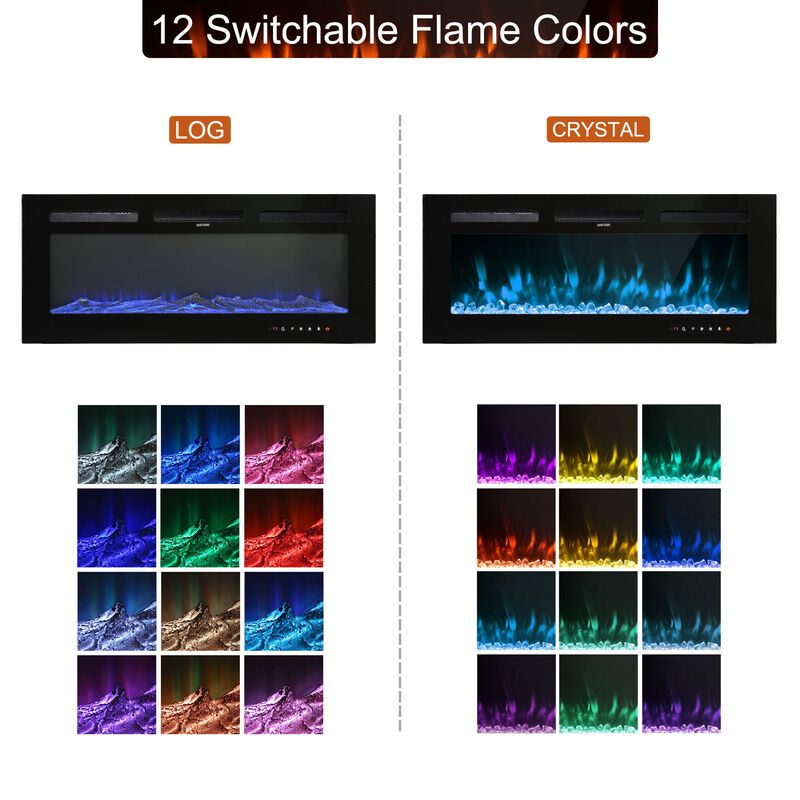 Black 42 in. Wall-Mounted Electric Fireplace with Logs & Crystals, Remote 1500/750W