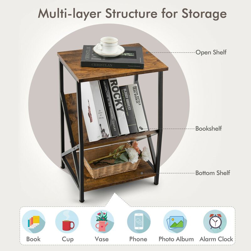 3-Tier Industrial Side Table with V-shaped Bookshelf for Living Room-Rustic Brown image number 8