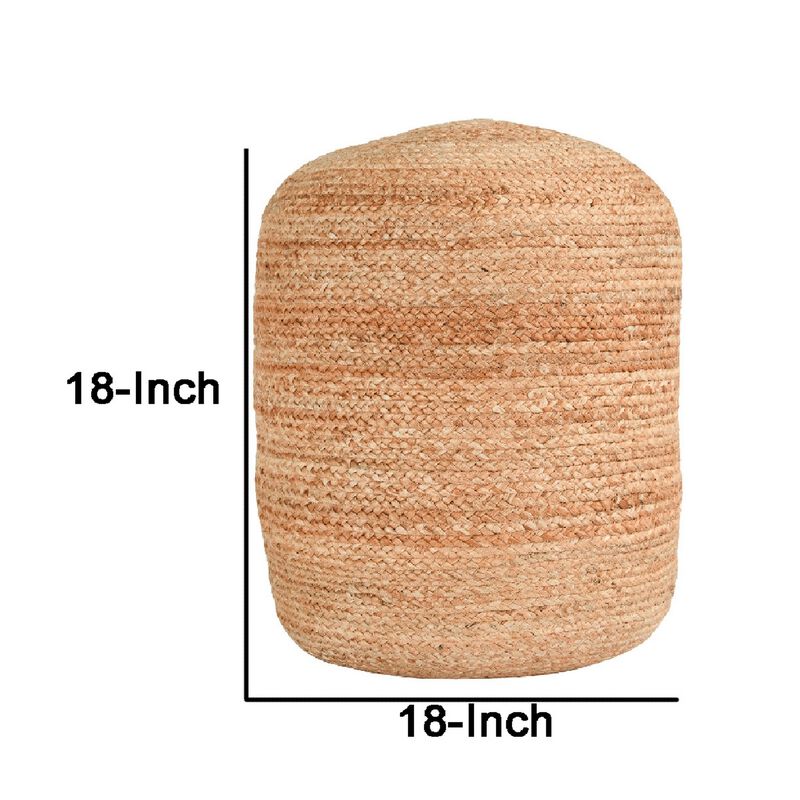 18 Inch Round Accent Pouf, Soft Braided Jute Design, Natural Cream Orange - Benzara