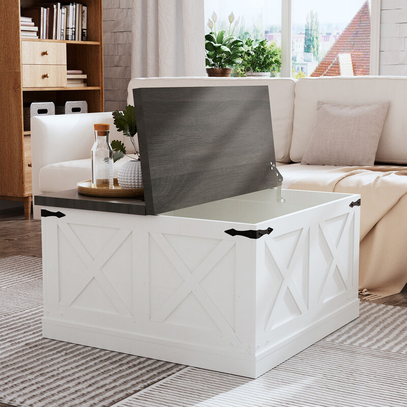 Farmhouse Square Coffee Table Wooden Center Table Rustic Cocktail Table with Hinged Lift Top and Large Hidden Storage Compartment, White