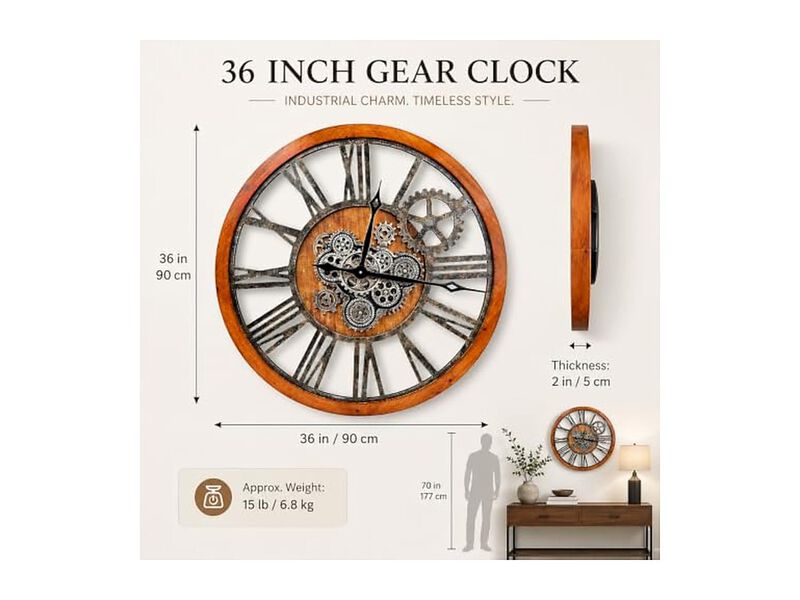 Style Moving Gear Vintage Farmhouse Rustic Wall Clock 36 Inch Wood image number 2