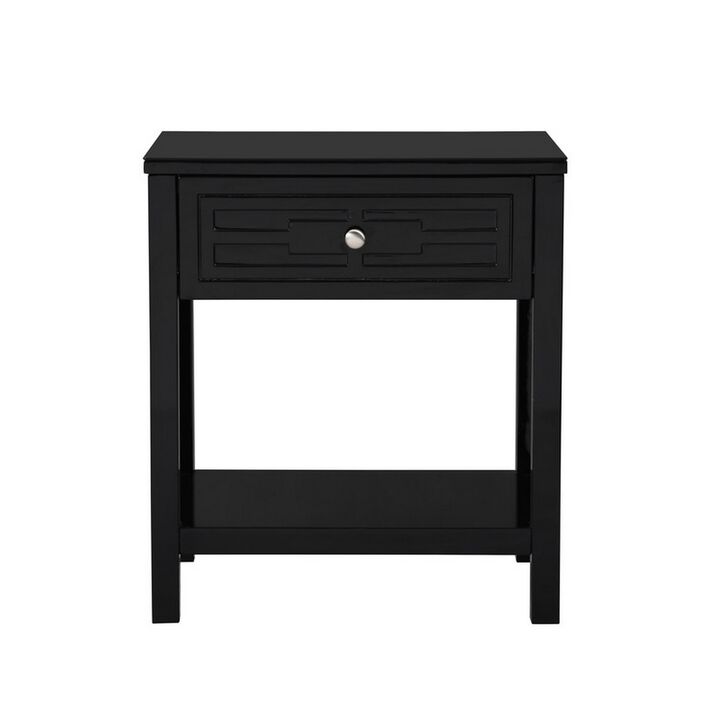 Fimo 27 Inch Nightstand with Drawer and Shelf, Glass Top, Modern Black Wood-Benzara