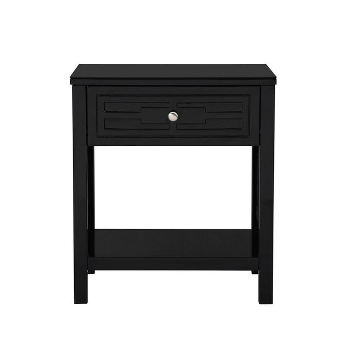 Fimo 27 Inch Nightstand with Drawer and Shelf, Glass Top, Modern Black Wood - Benzara
