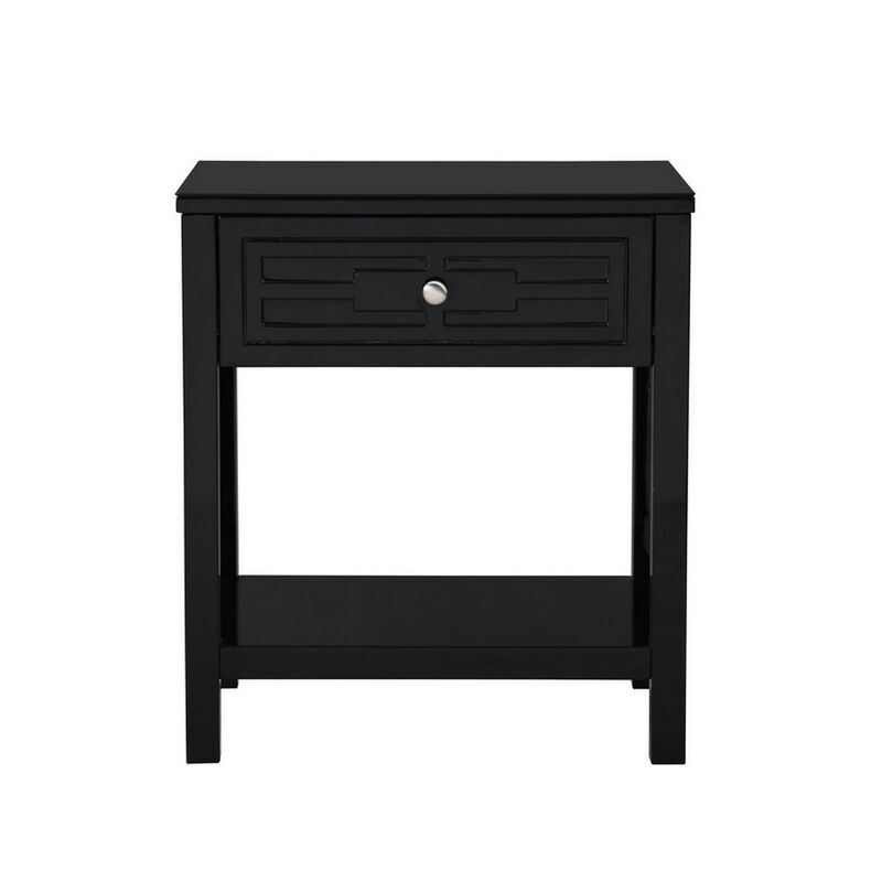 Fimo 27 Inch Nightstand with Drawer and Shelf, Glass Top, Modern Black Wood - Benzara