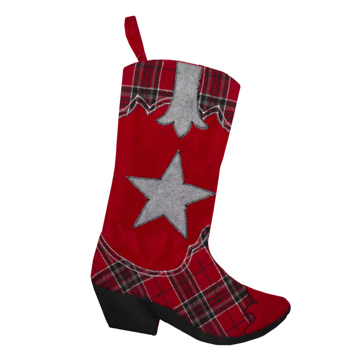 18.5" Country Rustic Red and Black Plaid Cowboy Boot Christmas Stocking