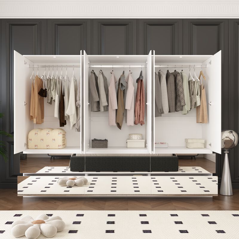 FUFU&GAGA Modern White Armoire with Full-Length Glass Mirrors – Elegant Wardrobe with Ample Storage and Robust Construction, (94.5" L x 19.7" W x 70.9" H),Silver