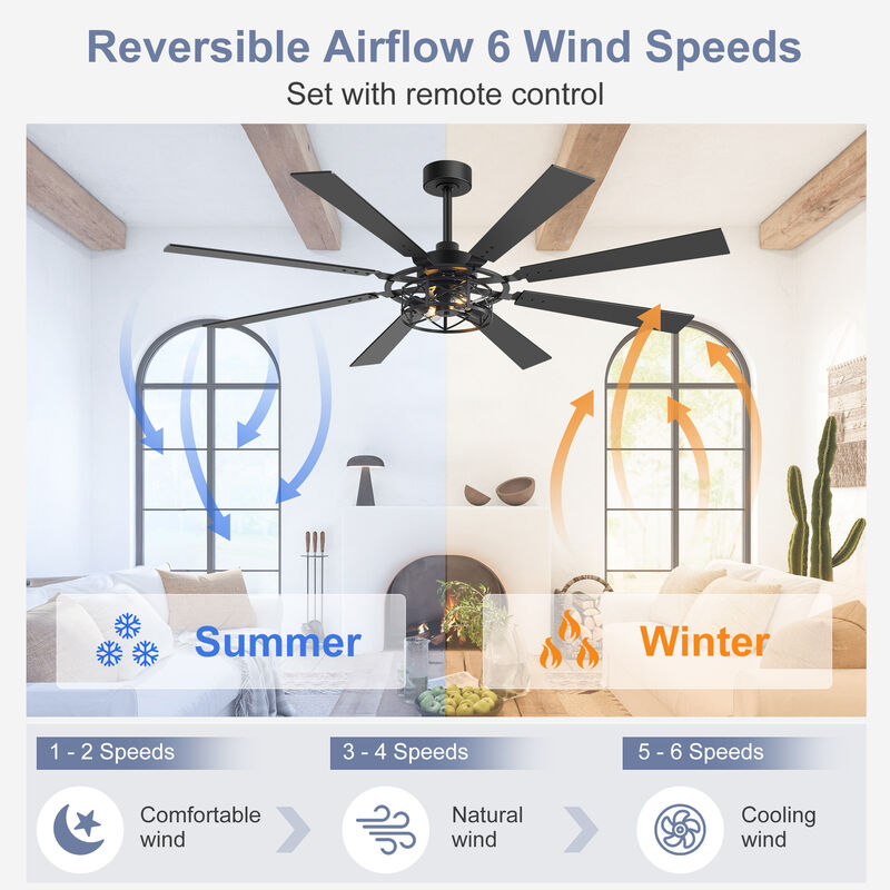 Breezary 65 in Traditional Ceiling Fan with Light,8 Blade Plywood Fan, E26 x2 Bulbs,Remote Control image number 2
