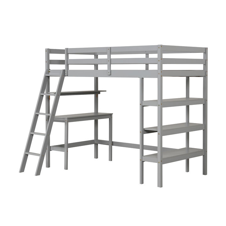 Twin Size Loft Bed with Desk and Bookshelves for Kids and Teens