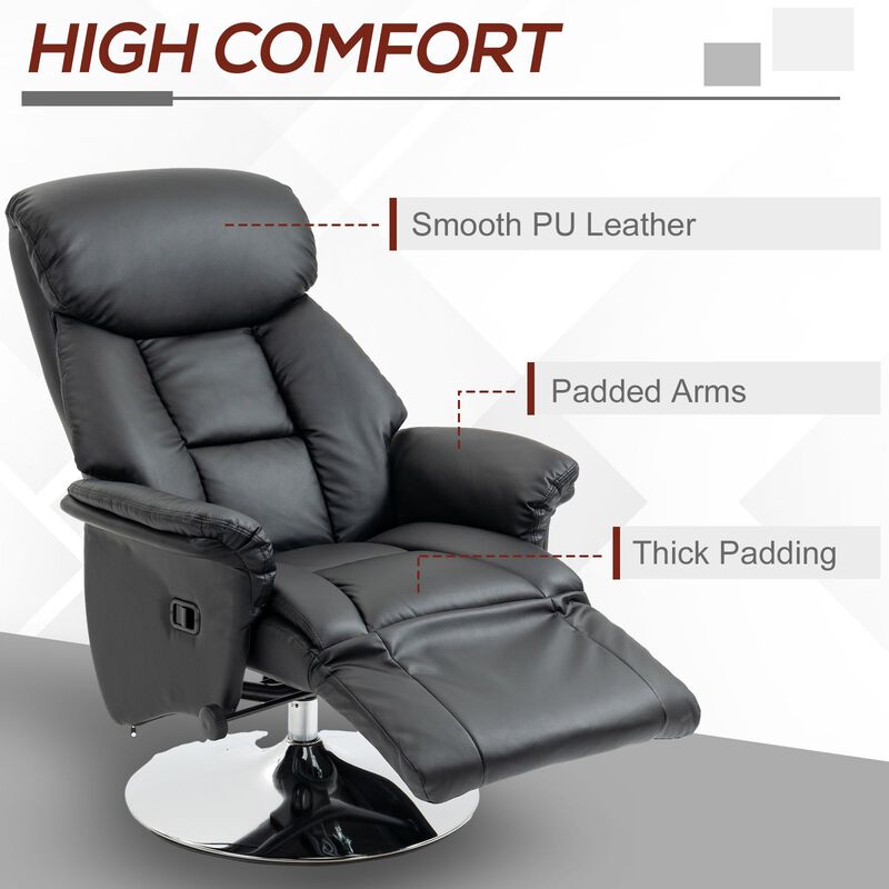 Swivel Recliner, Adjustable PU Leather Manual Recliner Chair with Footrest, Padded Arms and Steel Base, Black