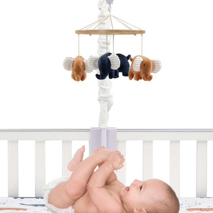 Lambs & Ivy Playful Elephant Blue/White Musical Baby Crib Mobile Soother Toy