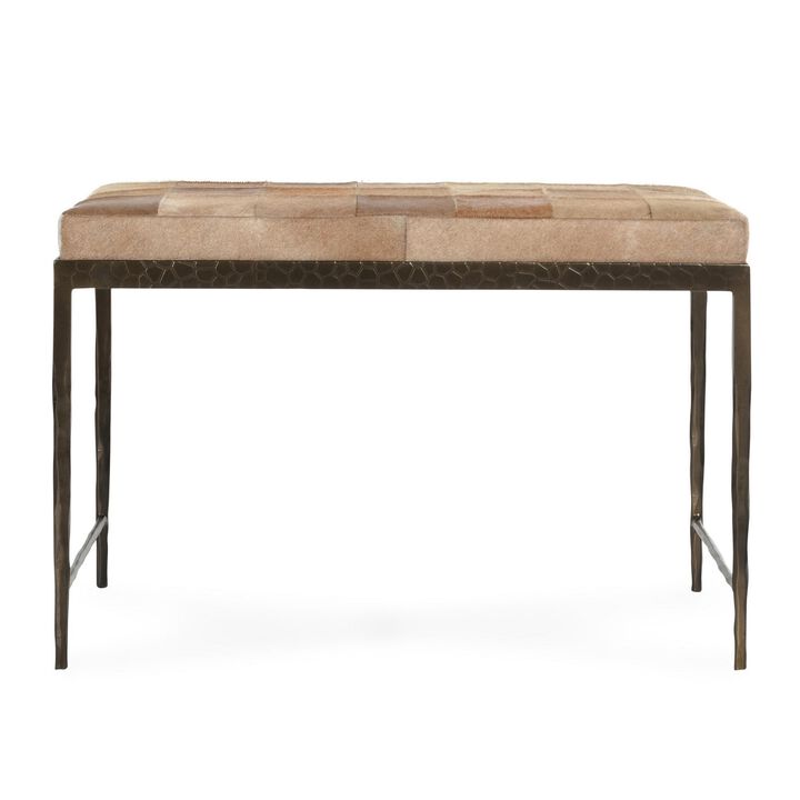 Leif Ottoman Bench with Brown Patchwork Leather Hide, Iron 28 Inch - Benzara