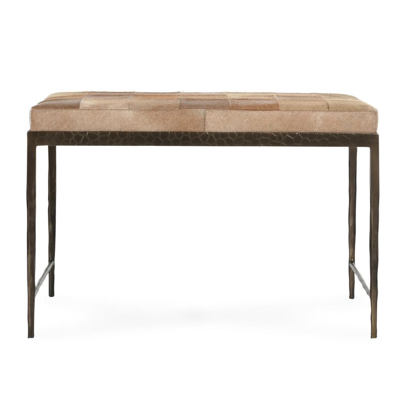 Leif Ottoman Bench with Brown Patchwork Leather Hide, Iron 28 Inch - Benzara