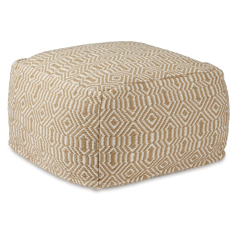 Sena 22 Inch Ottoman Pouf, Handwoven Pattern, Cotton Cover, Beige White - Benzara