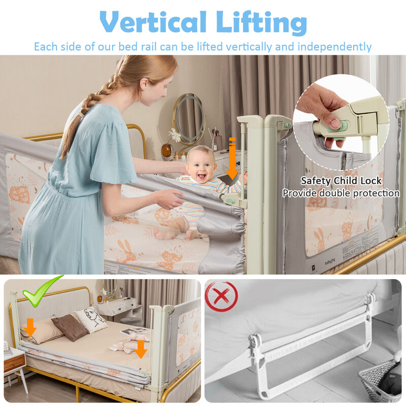 Baby Bed Guard Rail with Vertical Lifting Design and Double Lock for Kids Bed-Grey image number 5