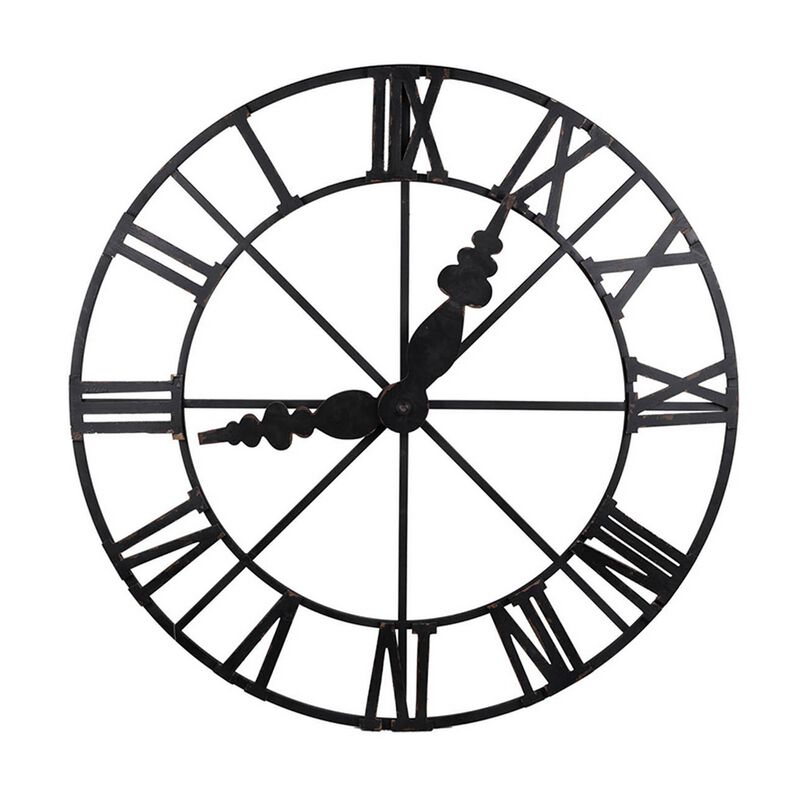 46 Inch Faux Clock Wall Decor, Round, Vintage Style, Matte Black Finish - Benzara