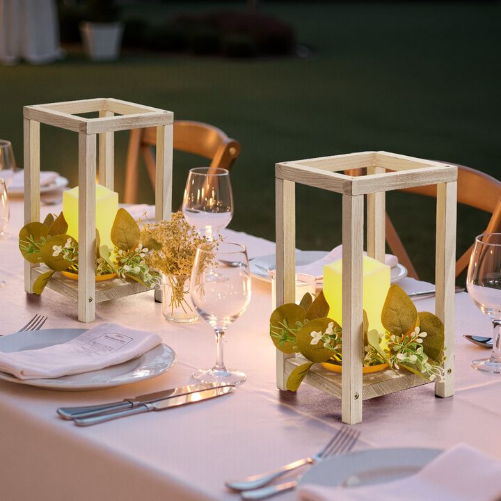 12 Set Wooden Lantern Candle Holders with LED Candles and Eucalyptus Wreaths for Wedding Decor