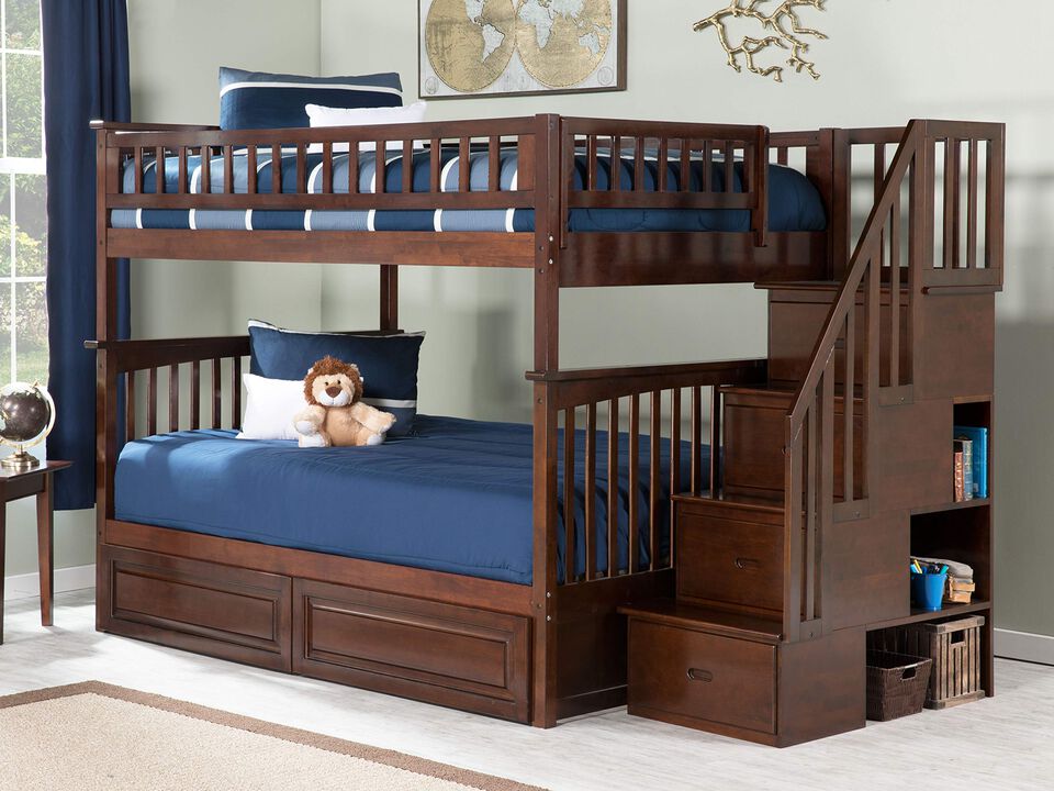 Atlantic FurnitureAFI Columbia Staircase Bunk Full Over Full with Turbo Charger and Twin Size Raised Panel Trundle in Walnut