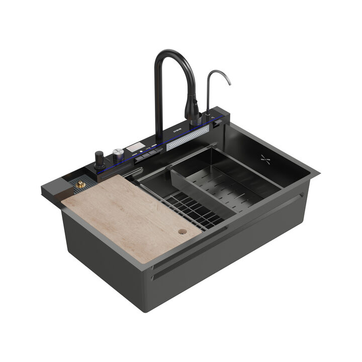 FUFU&GAGA PVD 304 Stainless Steel Kitchen Sink with Cutting Board, Drain Rack, and Smart Faucet,(33.1" W x 22" D x 24.6" H),Black
