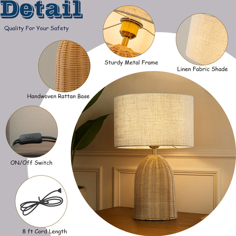 20'' Natural Rattan Bedside Table Lamp Coastal Nightstand Lamp with Classic Beige Fabric Shade for Bedroom, Living Room image number 7