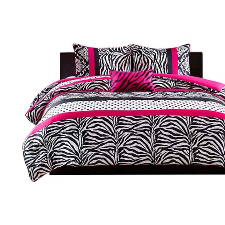 Gracie Mills Morse 4-Piece Striped Damask and Zebra Printed Comforter Set