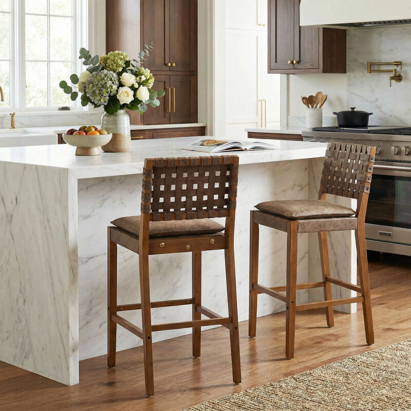 Christopher Knight Home Marc Contemporary Rubberwood and Faux Leather Upholstered Barstools (Set of 2) image number 1