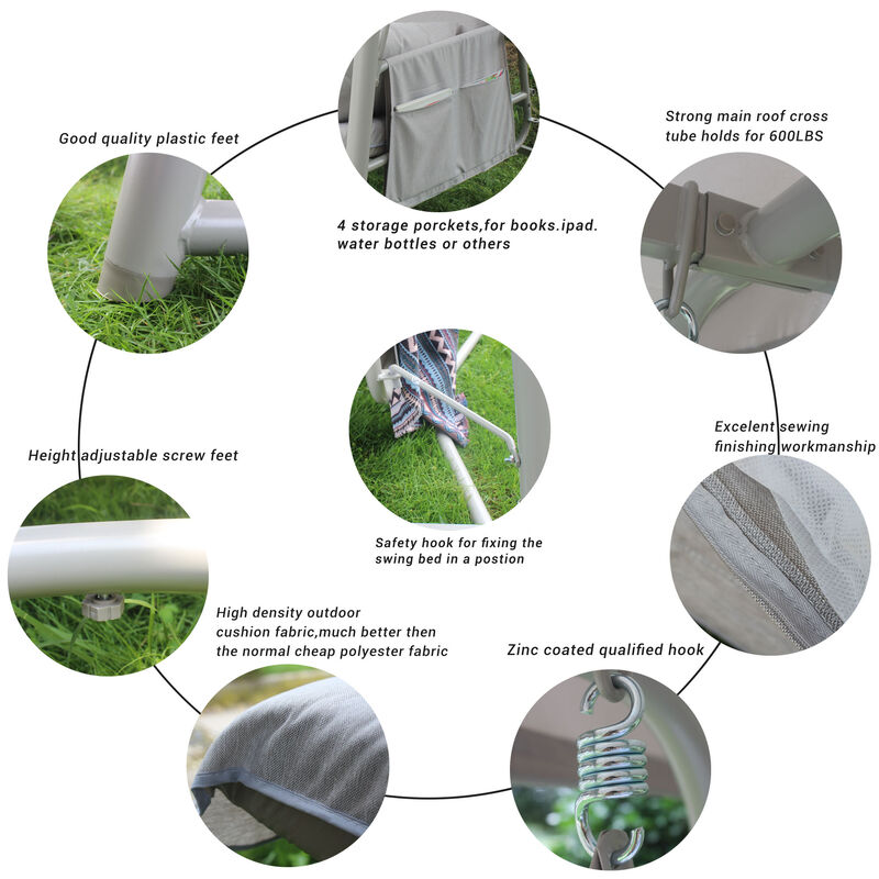 Whisen 93.8 in. W 3-Person Metal Patio Swing Chair Swing Bed with Cushion and Adjustable Canopy - Grey