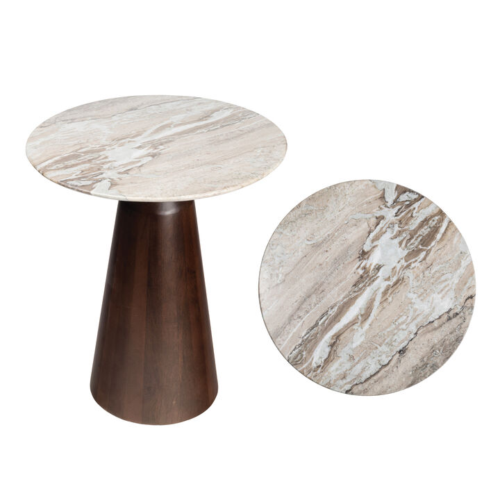 Kaito 18" Rustic Minimalist Round Marble/Wood Accent Table