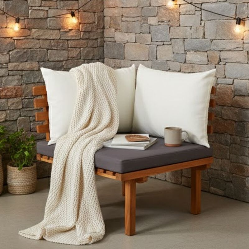Roma Outdoor Modular Corner Chair, White Fabric, Solid Acacia Wood - Benzara image number 1