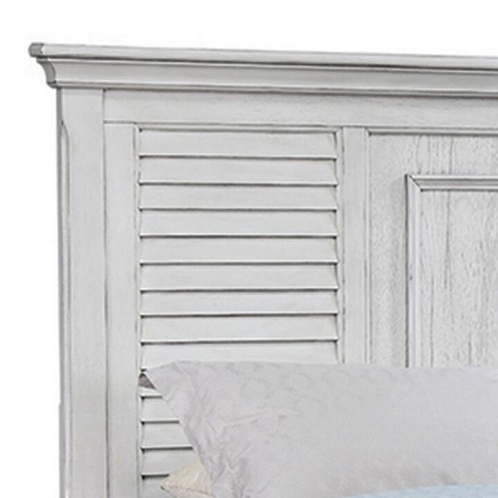 Eli Queen Panel Bed, Pine Wood Shutter Headboard, Molded Trim Antique White - Benzara