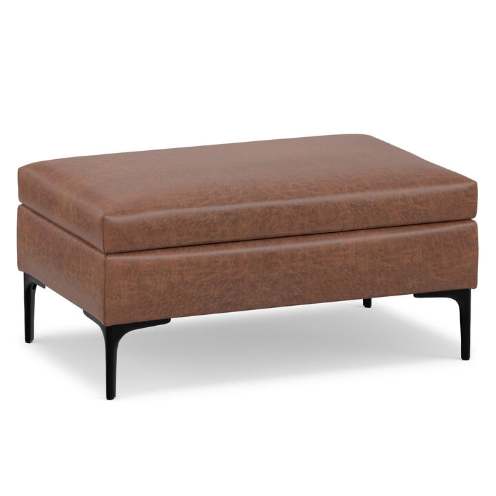 Rebecca 36 inch Wide Mid Century Rectangle Rectangular Coffee Table&nbsp;Storage Ottoman with Lift Up Lid in Distressed Saddle Brown Distressed Vegan Faux Leather, Assembled
