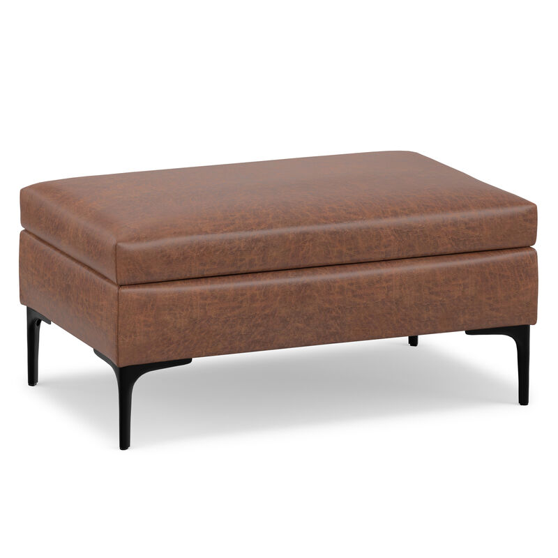 Rebecca 36 inch Wide Mid Century Rectangle Rectangular Coffee Table&nbsp;Storage Ottoman with Lift Up Lid in Distressed Saddle Brown Distressed Vegan Faux Leather, Assembled image number 0