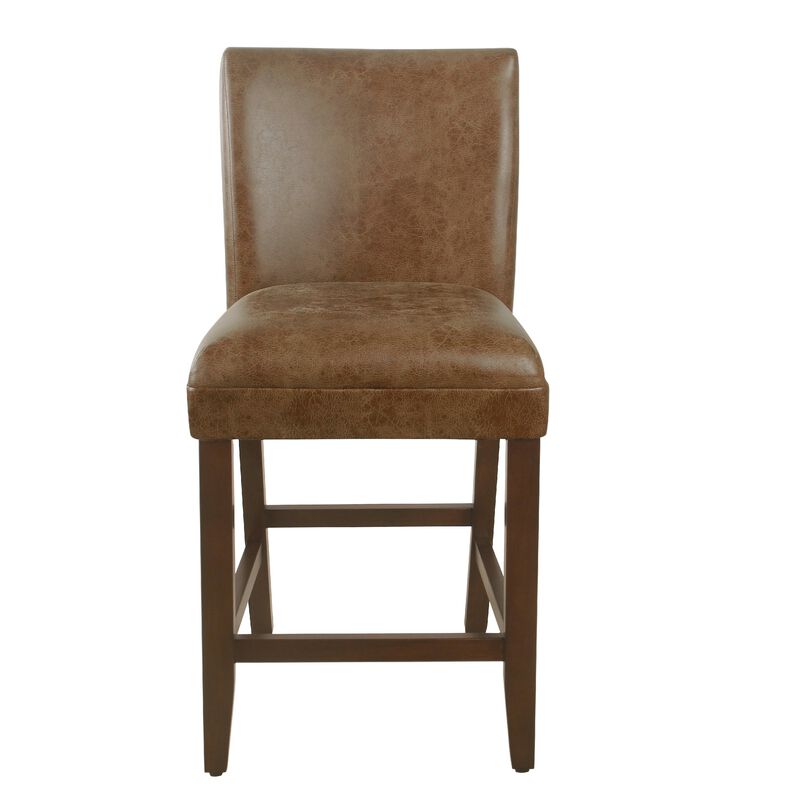 24 Inch Counter Stool Chair, Brown Wood Frame, Faux Leather Seat